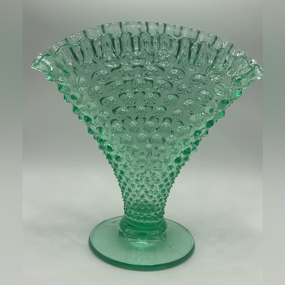 SOLD———Vintage Fenton Light Green Hobnail Fan Vase
